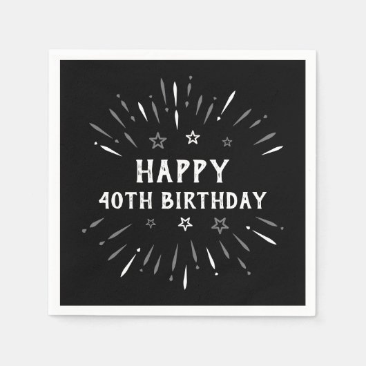 Happy 40th Birthday Fireworks Black White Grey Servet (Voorkant)
