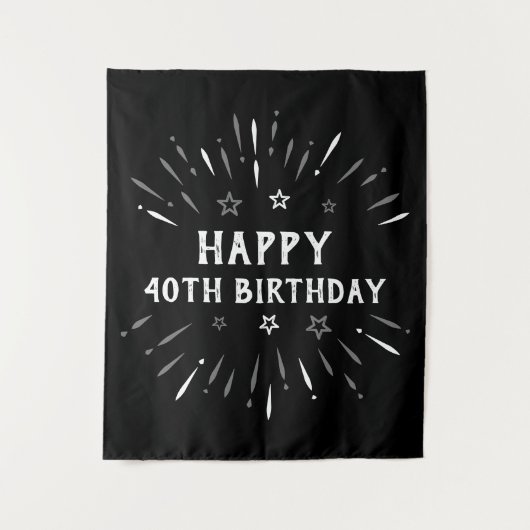Happy 40th Birthday Fireworks Black White Grey Wandkleed (Voorkant)