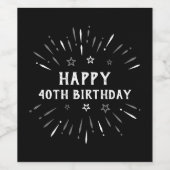 Happy 40th Birthday Fireworks Black White Grey Wijn Etiket (Enkel label)