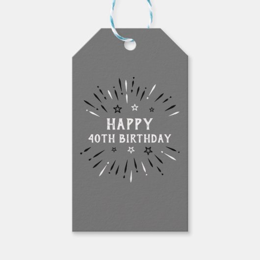 Happy 40th Birthday Fireworks Grey Black White Cadeaulabel (Voorkant)