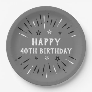 Happy 40th Birthday Fireworks Grey Black White Papieren Bordje