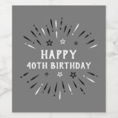 Happy 40th Birthday Fireworks Grey Black White Wijn Etiket (Enkel label)