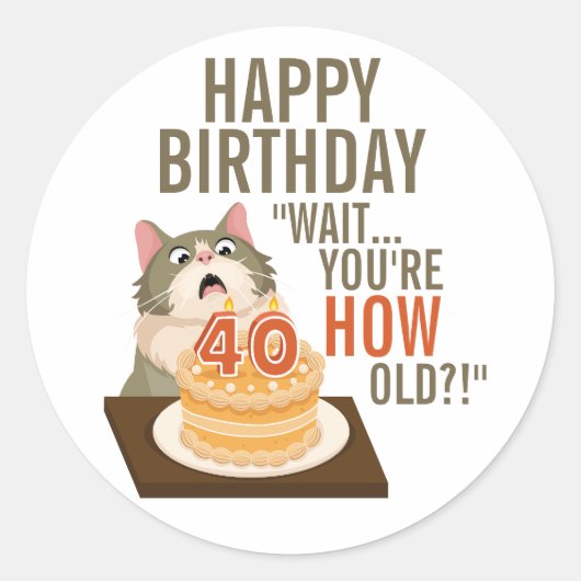 Happy 40th Birthday Funny Cat Humor Retro Joke Ronde Sticker (Voorkant)