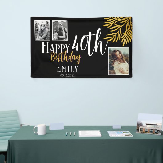 Happy 40th Birthday Gold Foliage 3 Photo Backdrop Spandoek (Beurs)