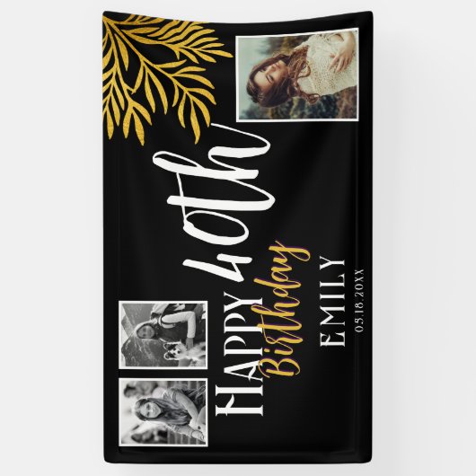 Happy 40th Birthday Gold Foliage 3 Photo Backdrop Spandoek (Verticaal)