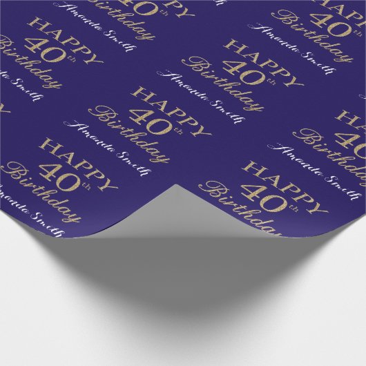 Happy 40th Birthday Gold Glitter en Navy Blue Cadeaupapier (Hoek)
