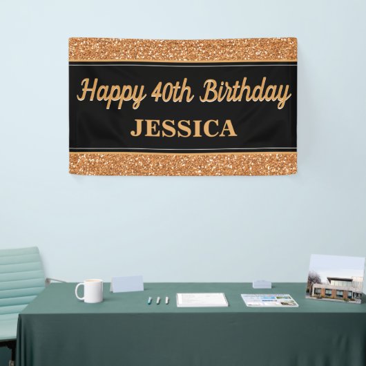 Happy 40th Birthday Gold Glitter Zwart Spandoek (Beurs)