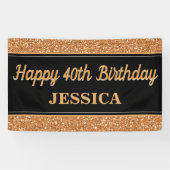 Happy 40th Birthday Gold Glitter Zwart Spandoek (Horizontaal)