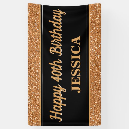 Happy 40th Birthday Gold Glitter Zwart Spandoek (Verticaal)