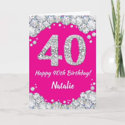 Happy 40th Birthday Hot Pink en Silver Glitter Kaart (Voorkant)