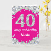 Happy 40th Birthday Hot Pink en Silver Glitter Kaart (Gele Bloem)