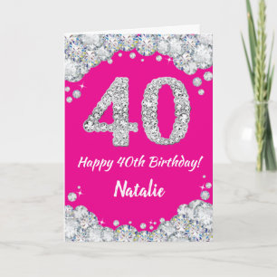 Happy 40th Birthday Hot Pink en Silver Glitter Kaart