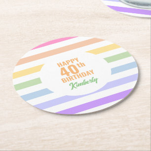 Happy 40th Birthday in Rainbow Stripes Ronde Kartonnen Onderzetter
