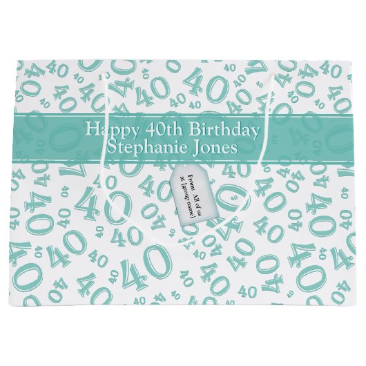 Happy 40th Birthday Number Pattern Blauwgroen en W Groot Cadeauzakje (Voorkant)