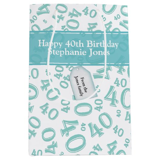 Happy 40th Birthday Number Pattern Blauwgroen/Whit Medium Cadeauzakje (Voorkant)