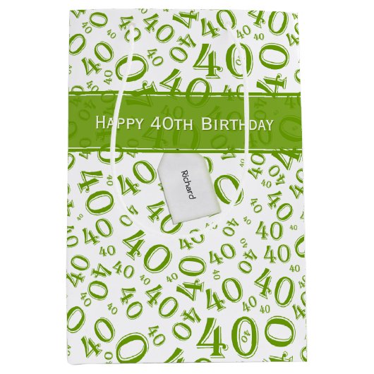 Happy 40th Birthday Number Pattern Green and White Medium Cadeauzakje (Voorkant)