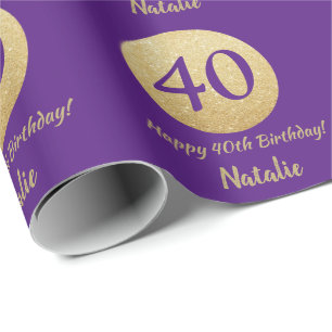 Happy 40th Birthday Paars en Gold Glitter Cadeaupapier