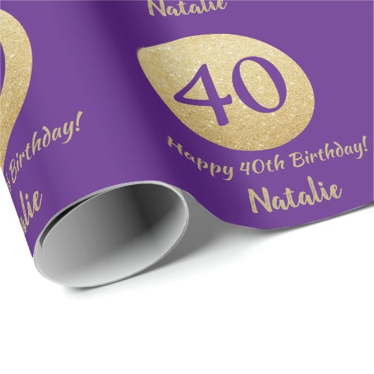 Happy 40th Birthday Paars en Gold Glitter Cadeaupapier (Rol Hoek)
