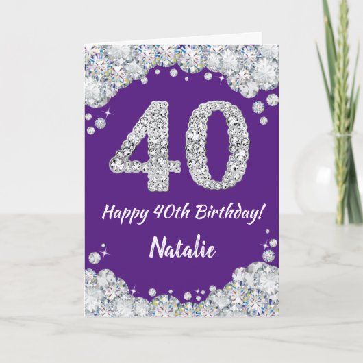 Happy 40th Birthday Paars en Silver Glitter Card Kaart (Voorkant)