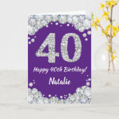 Happy 40th Birthday Paars en Silver Glitter Card Kaart (Gele Bloem)