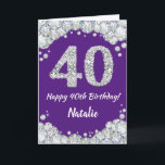 Happy 40th Birthday Paars en Silver Glitter Card Kaart<br><div class="desc">Happy 40th Birthday Paars and Silver Glitter Card met persoonlijke naam. Voor verdere aanpassing,  te klikken gelieve de knoop "van de Aanpassing het"en ons ontwerphulpmiddel te gebruiken om deze sjabloon te wijzigen.</div>