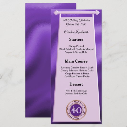 Happy 40th Birthday Paarse Glitter Folie Menu (Voorkant / Achterkant)