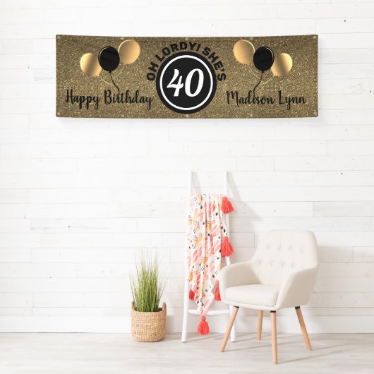 Happy 40th Birthday Party Black Gold persoonlijke Spandoek (Insitu)