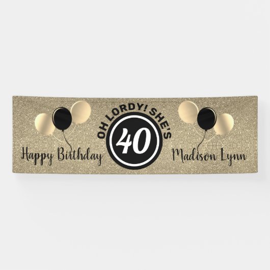 Happy 40th Birthday Party Black Gold persoonlijke Spandoek (Horizontaal)