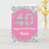 Happy 40th Birthday Pink en Silver Glitter Card Kaart (Gele Bloem)