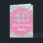 Happy 40th Birthday Pink en Silver Glitter Card Kaart<br><div class="desc">Happy 40th Birthday Pink and Silver Glitter Card met persoonlijke naam. Voor verdere aanpassing,  te klikken gelieve de knoop "van de Aanpassing het"en ons ontwerphulpmiddel te gebruiken om deze sjabloon te wijzigen.</div>