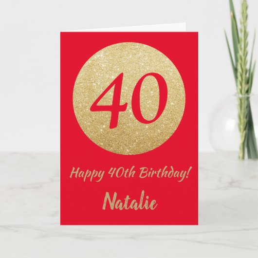 Happy 40th Birthday Red en Gold Glitter Card Kaart (Voorkant)