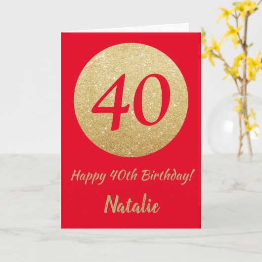 Happy 40th Birthday Red en Gold Glitter Card Kaart (Gele Bloem)