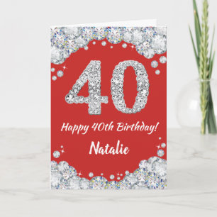 Happy 40th Birthday Red en Silver Glitter Card Kaart