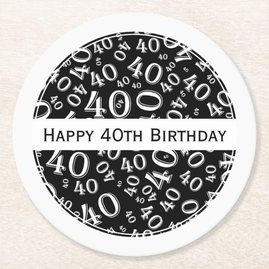 "Happy 40th Birthday" - Thema van de zwarte/witte  Ronde Kartonnen Onderzetter (Voorkant)
