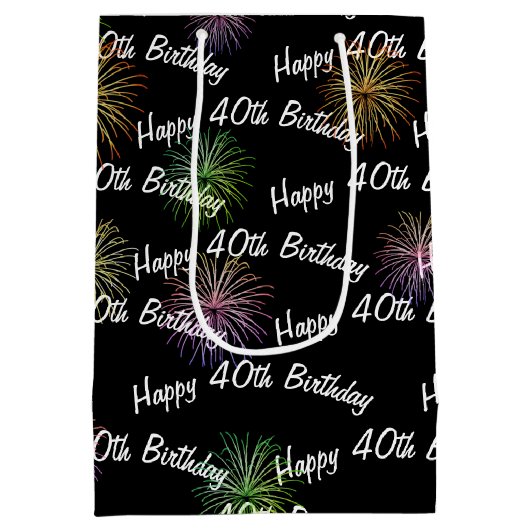 Happy 40th Birthday vuurwerk op zwart Medium Cadeauzakje (Achterkant)