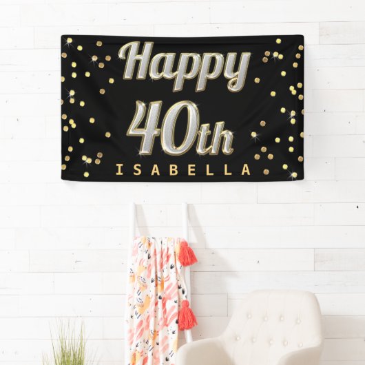 Happy 40th Bling Typography Gold Confetti Black Spandoek (Insitu)