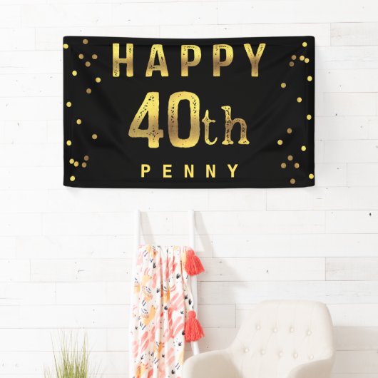 Happy 40th Faux Gold Foil Confetti Black Spandoek (Insitu)