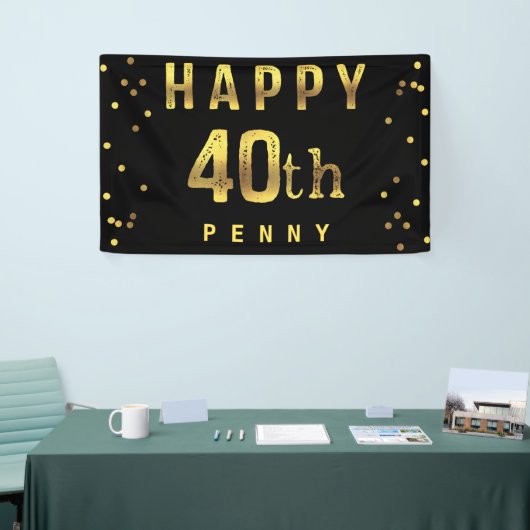 Happy 40th Faux Gold Foil Confetti Black Spandoek (Beurs)