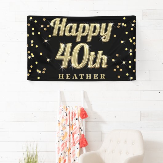 Happy 40th Gold Bling Typography Confetti Black Spandoek (Insitu)