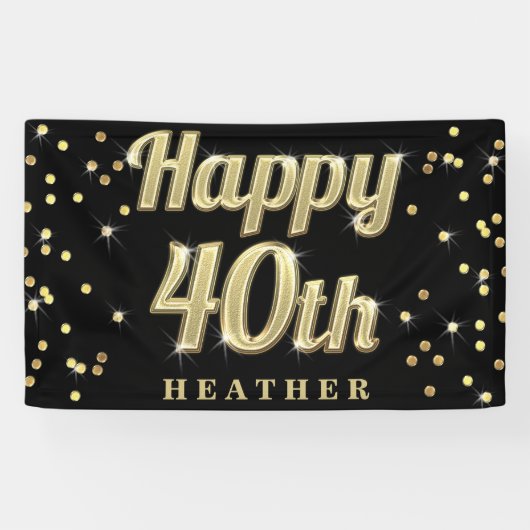 Happy 40th Gold Bling Typography Confetti Black Spandoek (Horizontaal)