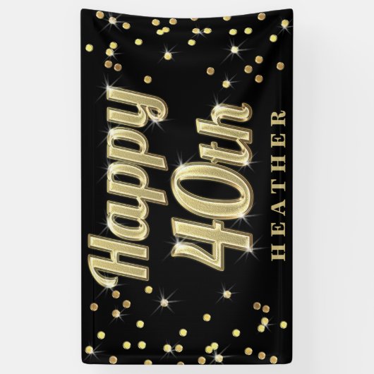 Happy 40th Gold Bling Typography Confetti Black Spandoek (Verticaal)