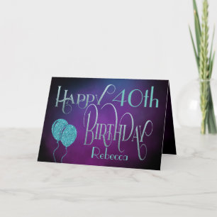 Happy 40th Name Paarse Blauwgroen Waterverf Birthd Kaart