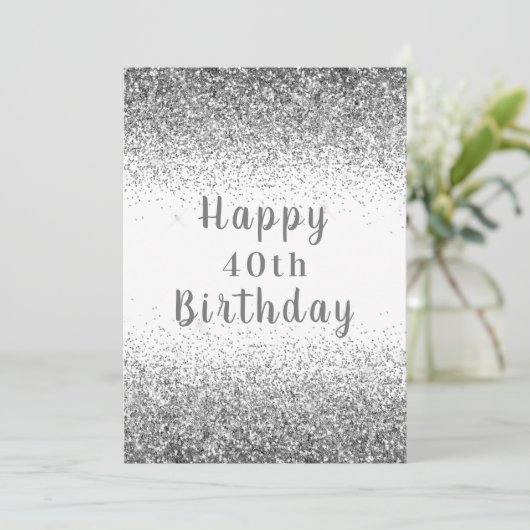 Happy 40th Silver Glitter Typography Birthday Card Kaart (Staand voorkant)