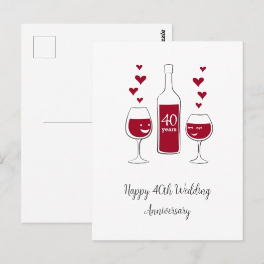 Happy 40th Wedding Jubileum Rode Wijn Hart Kaart (Voorkant / Achterkant)