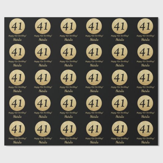 Happy 41st Birthday Black en Gold Glitter Cadeaupapier (Vlak)