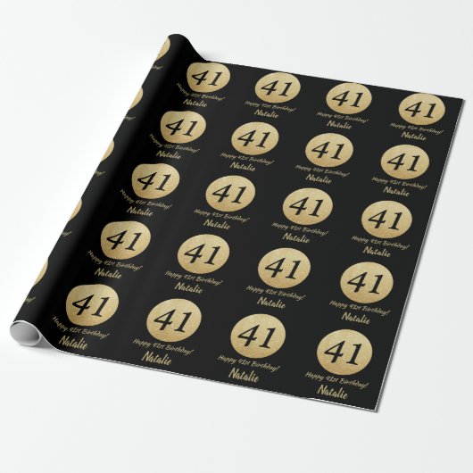 Happy 41st Birthday Black en Gold Glitter Cadeaupapier (Uitgerold)