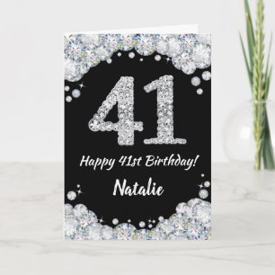 Happy 41st Birthday Black en Silver Glitter Card Kaart