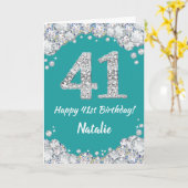 Happy 41st Birthday Blauwgroen en Silver Glitter C Kaart (Gele Bloem)