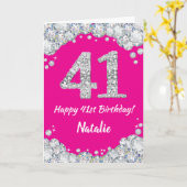 Happy 41st Birthday Hot Pink en Silver Glitter Kaart (Gele Bloem)