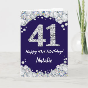 Happy 41st Birthday Navy Blue en Silver Glitter Kaart